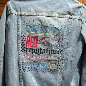 NWT Embroidered Denim Jacket with Colorful Taylor Swift text. women’s small.